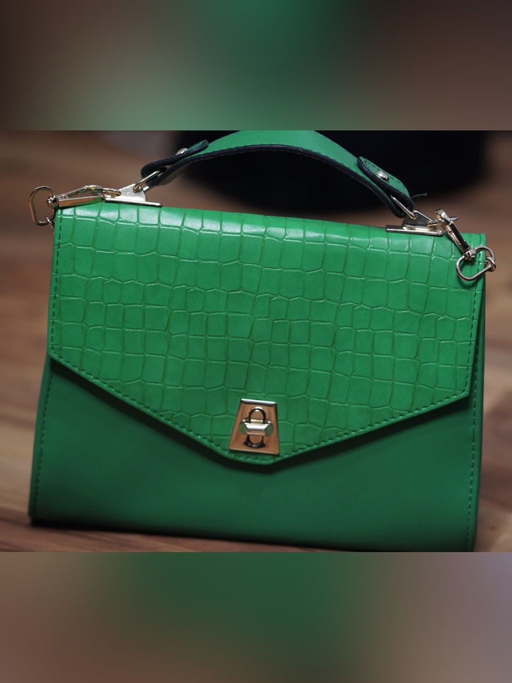 Structured Green Croc-Embossed Top-Handle Satchel